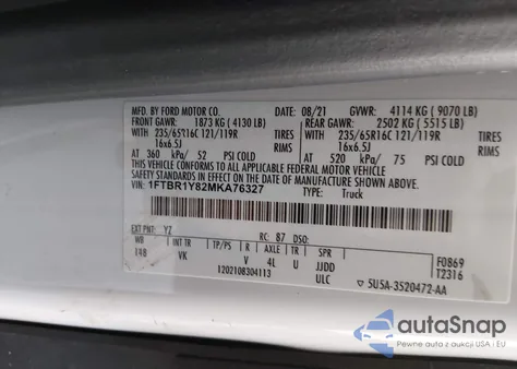 2021 Ford Transit-250 z USA, uszkodzony, nr VIN 1FTBR1Y82MKA76327